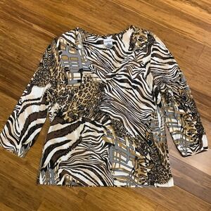 Chico's‎ Animal Print Blouse Women's Size Large Brown Leopard Zebra 3/4 Sleeve